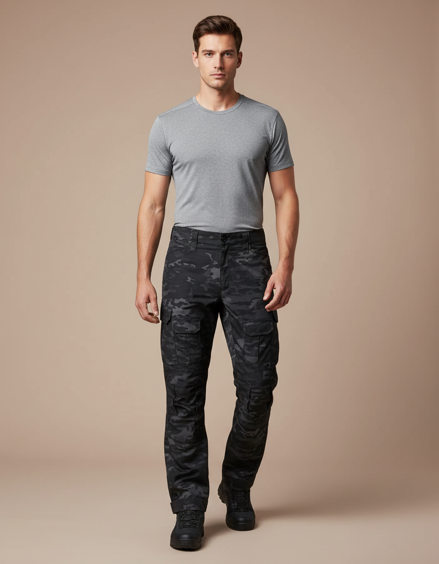 Pantalon Randonnée Camouflage Noir Tactique Cargo Homme - Polyester