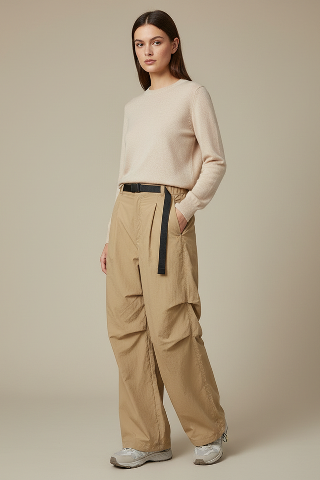 Pantalon Randonnée Beige Nylon Ample Ceinturé Femme - Polyester