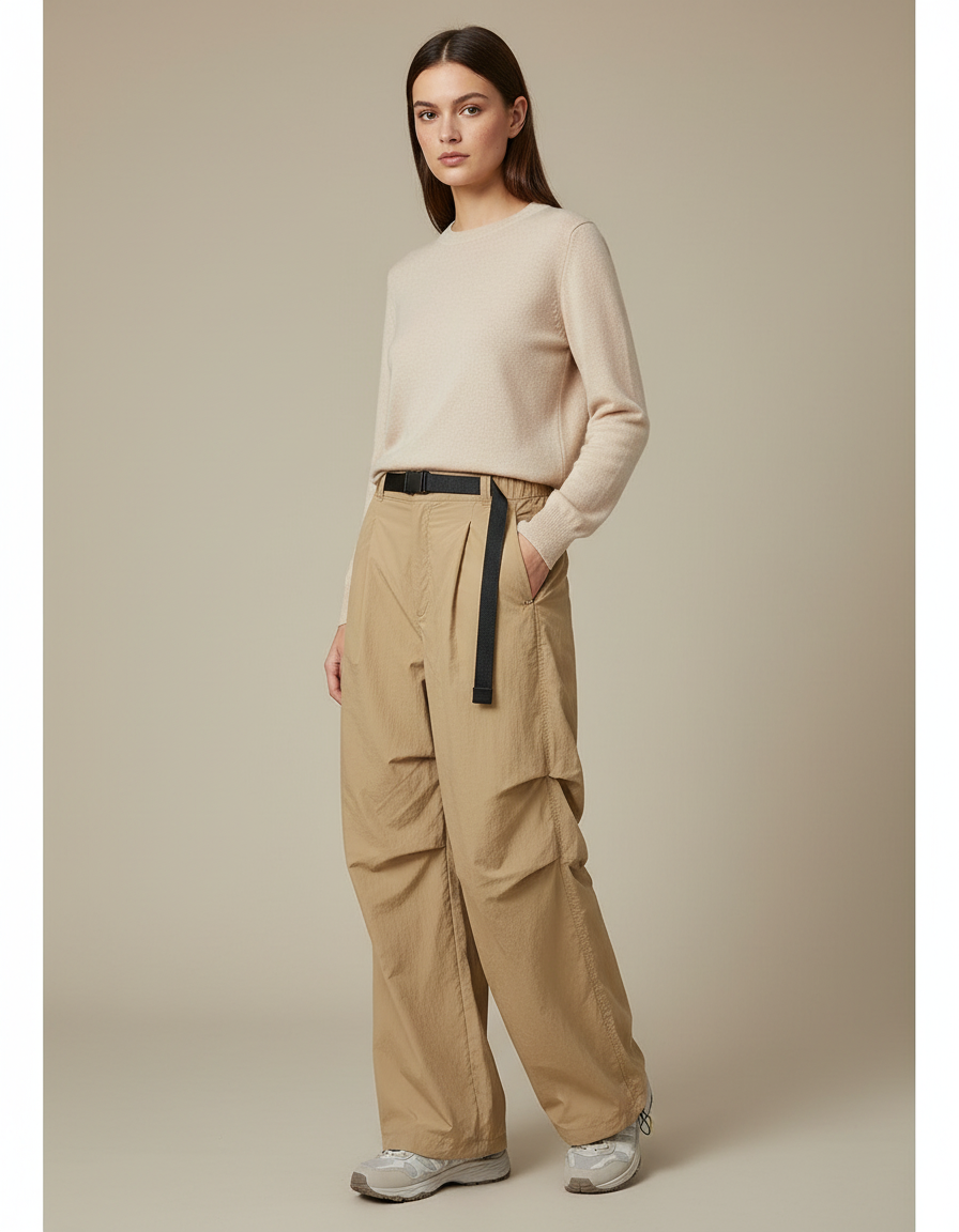 Pantalon Randonnée Beige Nylon Ample Ceinturé Femme - Polyester