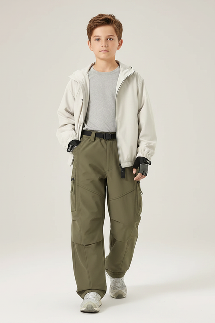 Pantalon Randonnée Kaki Ample Cargo Imperméable Enfant - Polyester