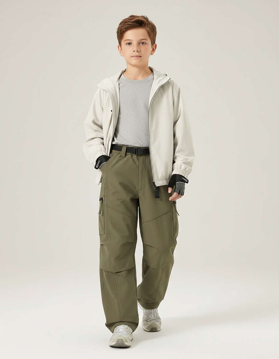 Pantalon Randonnée Kaki Ample Cargo Imperméable Enfant - Polyester