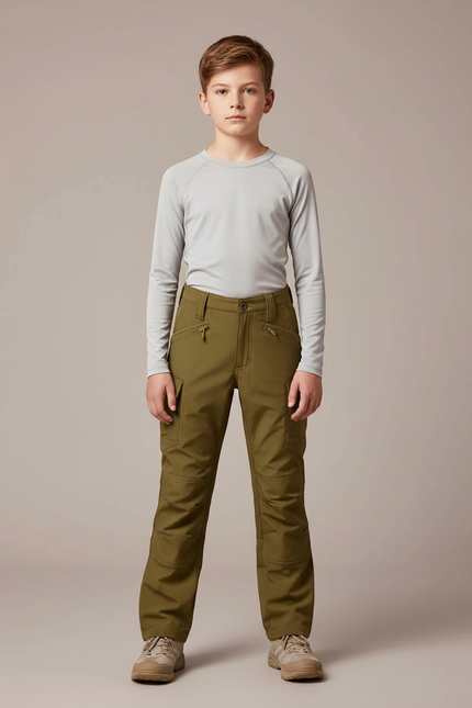 Pantalon Randonnée Enfant Vert Kaki Cargo Sportif - Polyester
