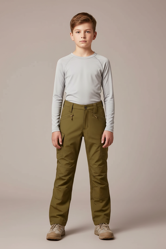 Pantalon Randonnée Enfant Vert Kaki Cargo Sportif - Polyester