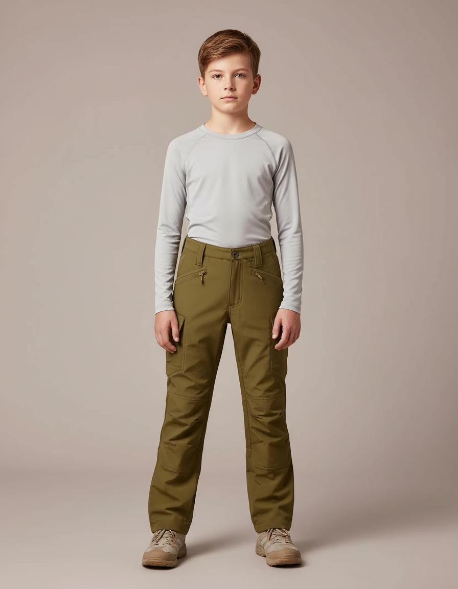 Pantalon Randonnée Enfant Vert Kaki Cargo Sportif - Polyester