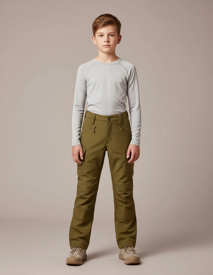 Pantalon Randonnée Enfant Vert Kaki Cargo Sportif - Polyester