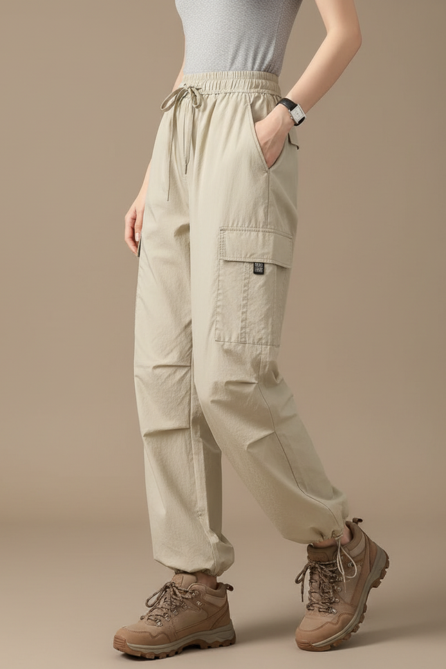 Pantalon Randonnée Beige Cargo Ample Léger Femme - Polyester