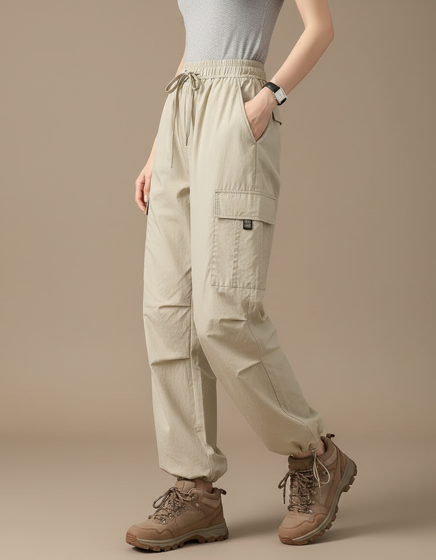 Pantalon Randonnée Beige Cargo Ample Léger Femme - Polyester