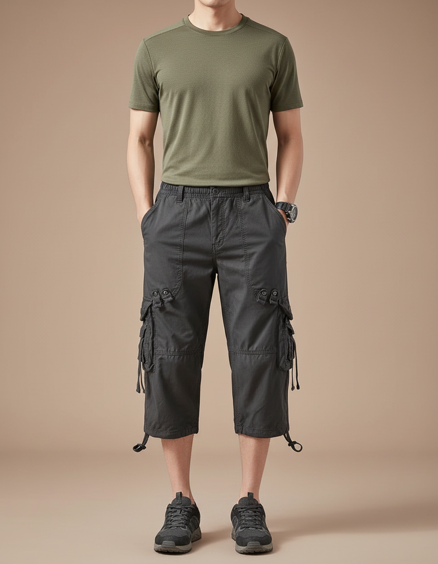 Pantalon Randonnée Cargo Court Gris Coton Homme - Toile