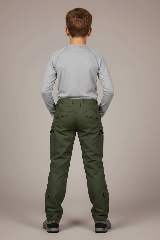 Pantalon Randonnée Vert Militaire Cargo Renforcé Enfant - Kaki Toile - vue 2