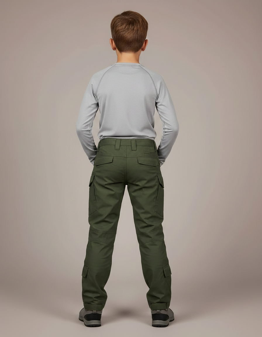 Pantalon Randonnée Vert Militaire Cargo Renforcé Enfant - Kaki Toile - vue 2