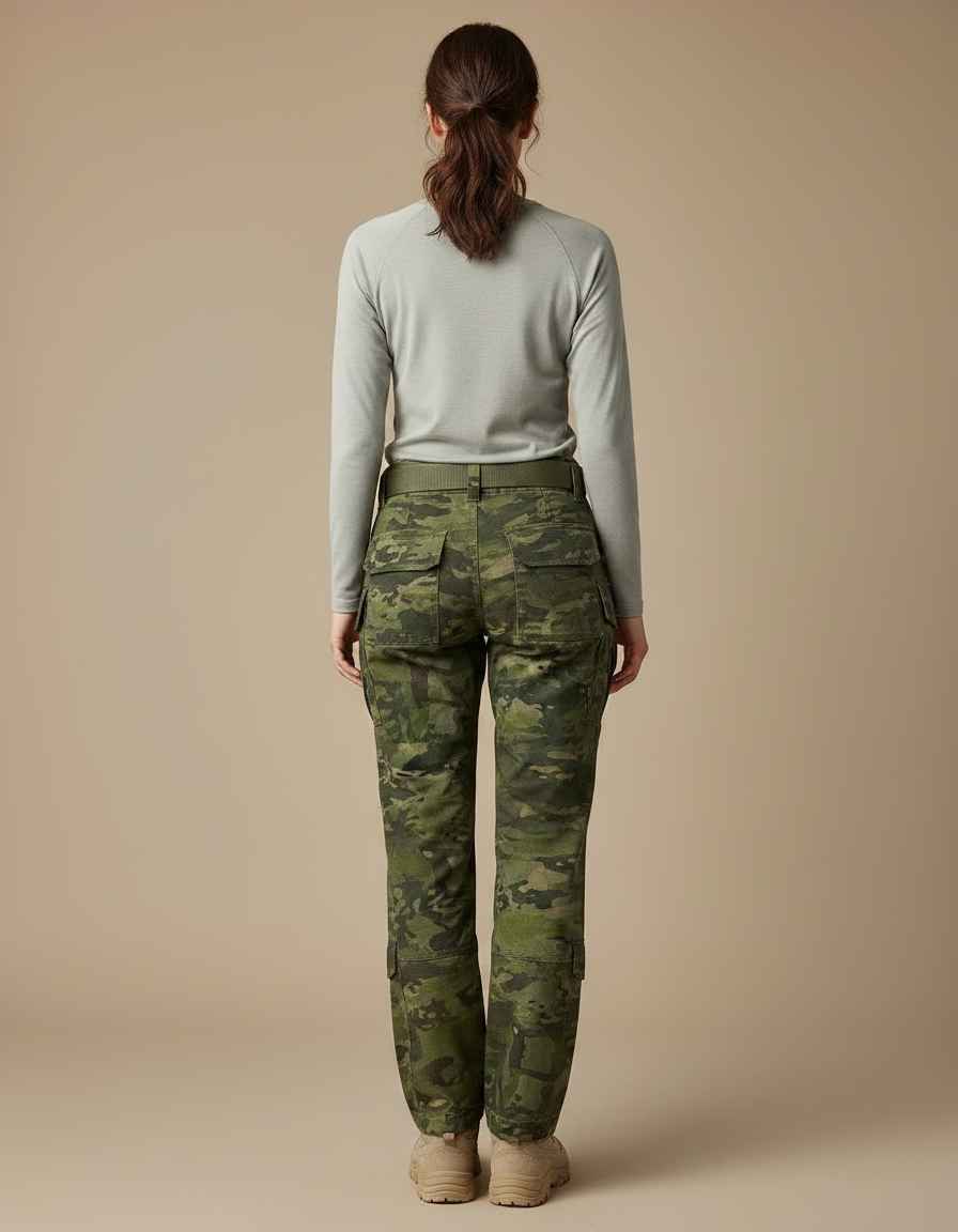 Pantalon Randonnée Camouflage Vert Cargo Multipoches Femme - Toile - vue 2