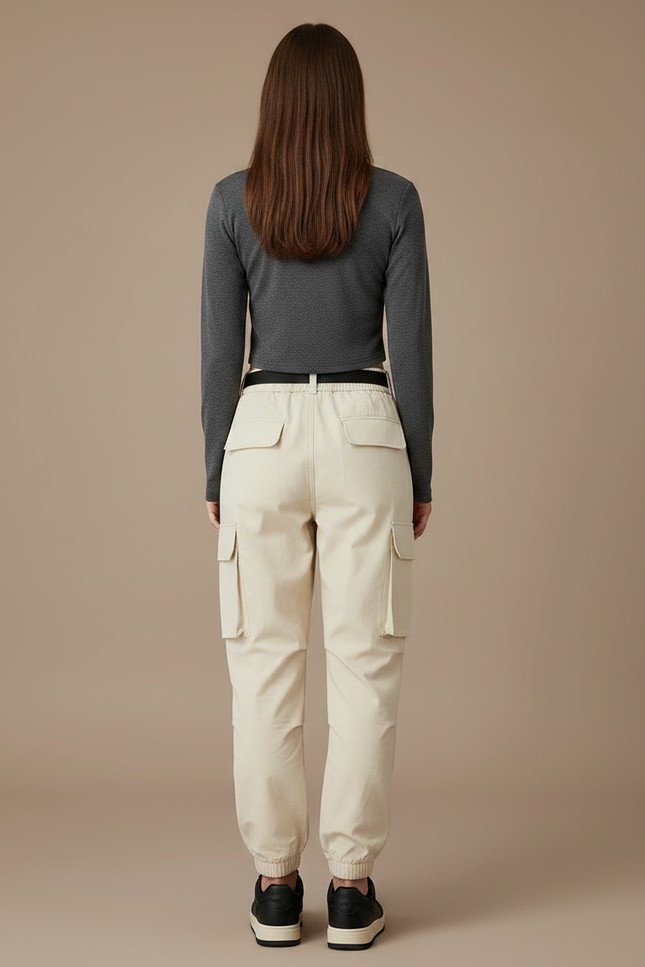 Pantalon Randonnée Beige Cargo Ample Cordon Femme - Toile - vue 2