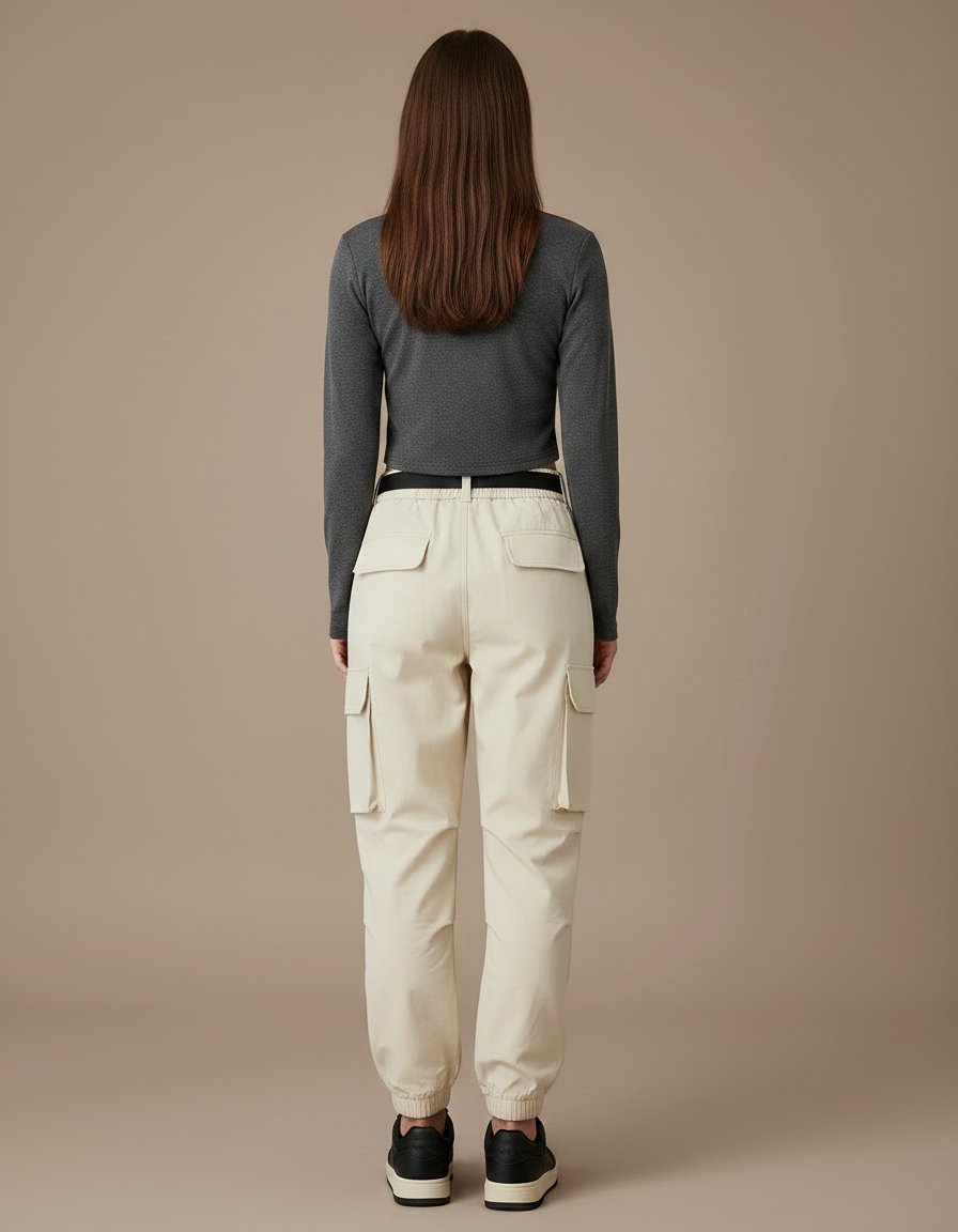Pantalon Randonnée Beige Cargo Ample Cordon Femme - Toile - vue 2