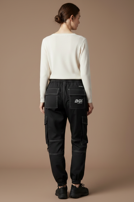 Pantalon Randonnée Noir Cargo Femme Surpiqûres Blanches - Polyester - vue 2