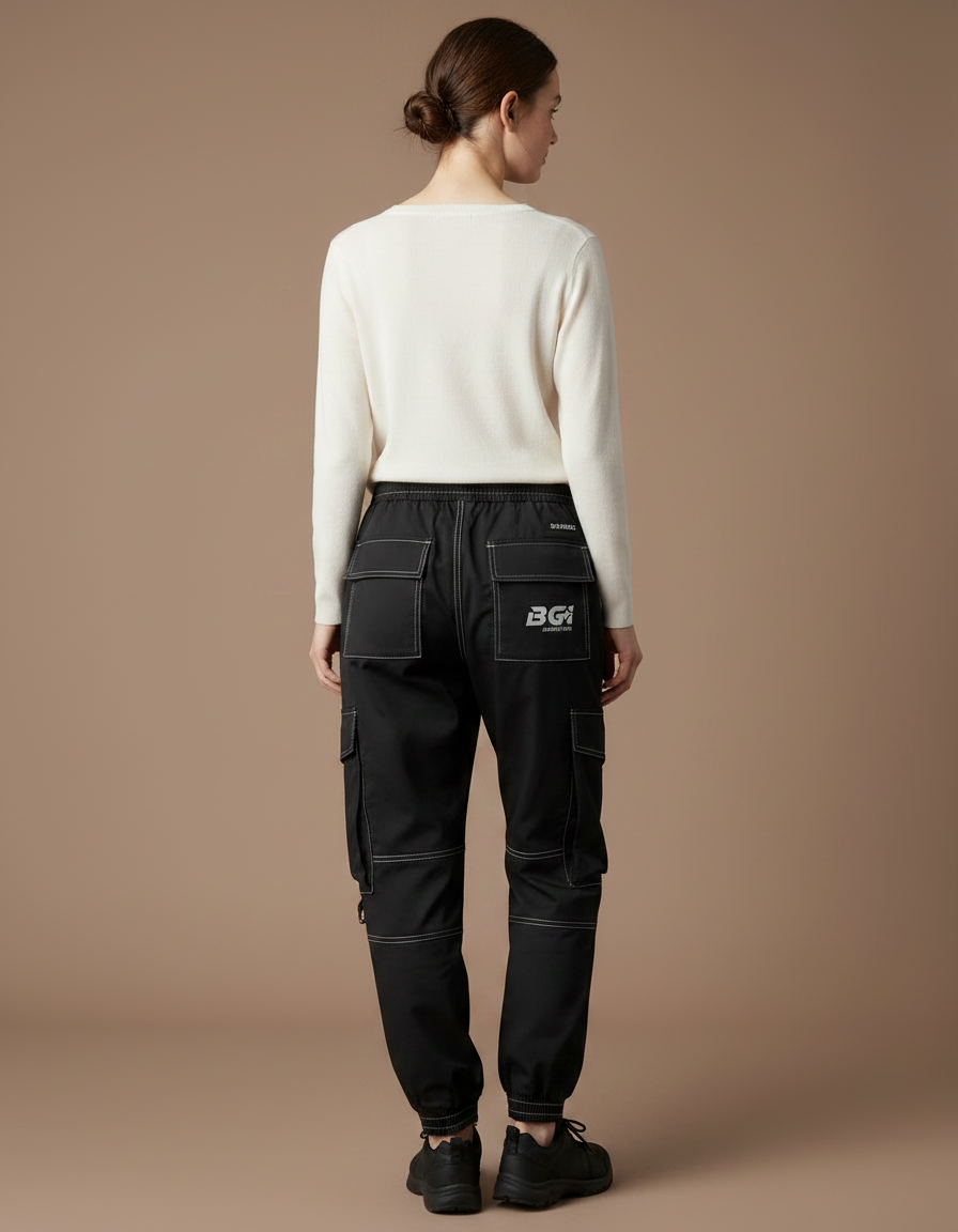 Pantalon Randonnée Noir Cargo Femme Surpiqûres Blanches - Polyester - vue 2