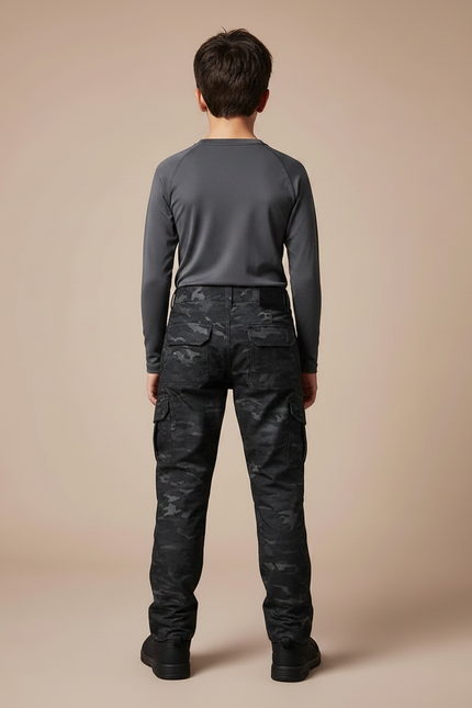 Pantalon Randonnée Camouflage Noir Multipoches Enfant Robuste - Toile - vue 2