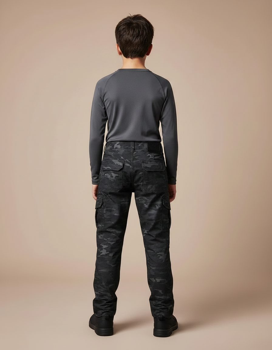 Pantalon Randonnée Camouflage Noir Multipoches Enfant Robuste - Toile - vue 2