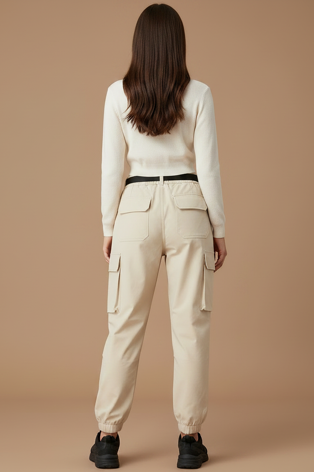 Pantalon Randonnée Beige Cargo Ample Ceinture Élastique - Polyester - vue 2
