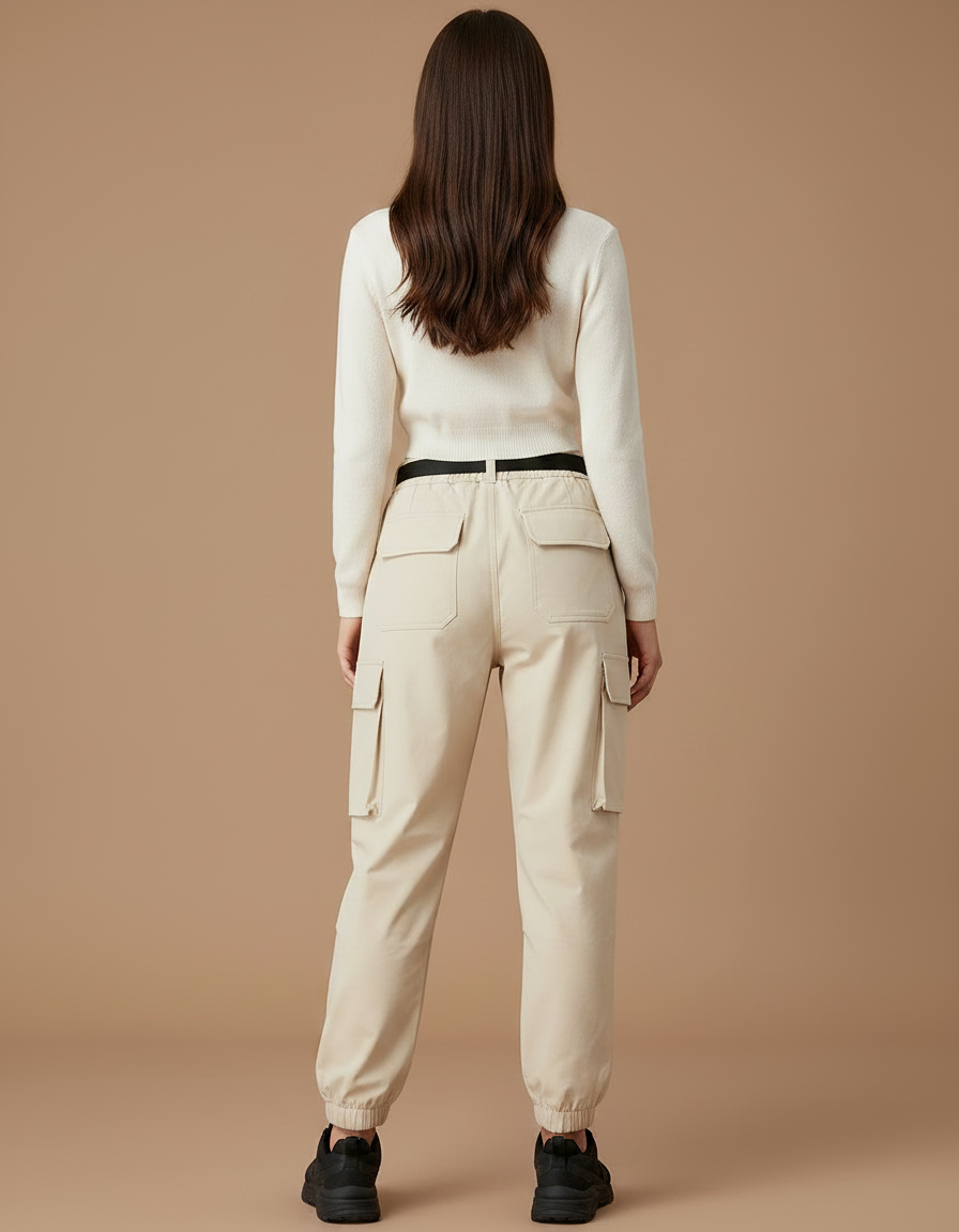 Pantalon Randonnée Beige Cargo Ample Ceinture Élastique - Polyester - vue 2