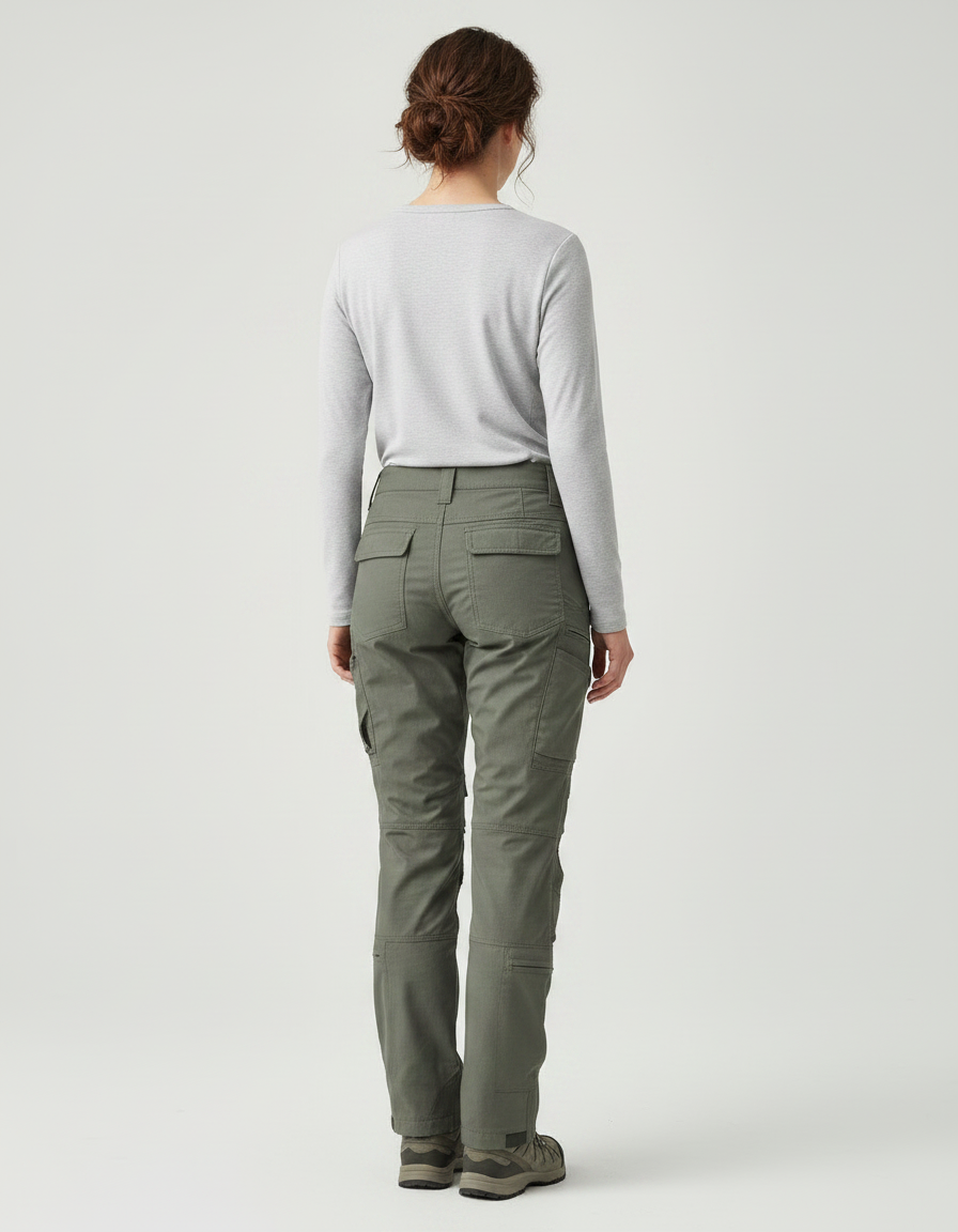 Pantalon Randonnée Vert Cargo Tactique Femme Multipoches - Kaki Toile - vue 2