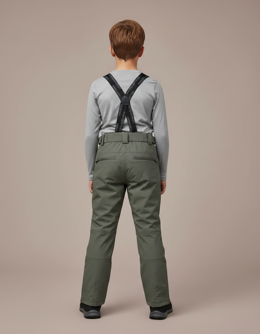 Pantalon Randonnée Kaki Enfant Imperméable Bretelles Chaud - Polyester - vue 2