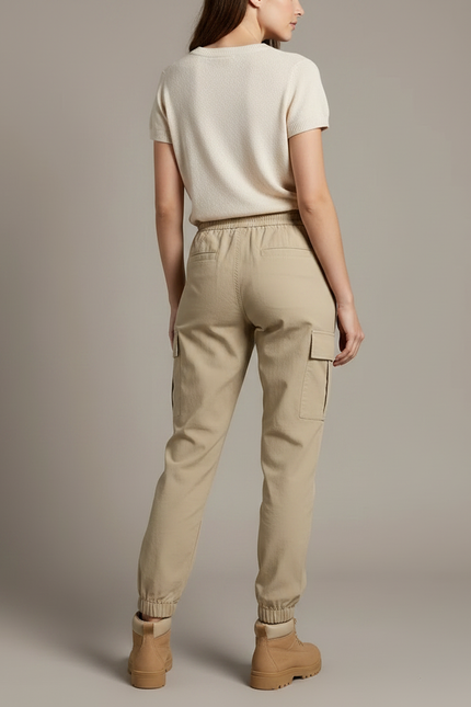 Pantalon Randonnée Kaki Cargo Femme Cordon Chevilles Élastiques - Toile - vue 2