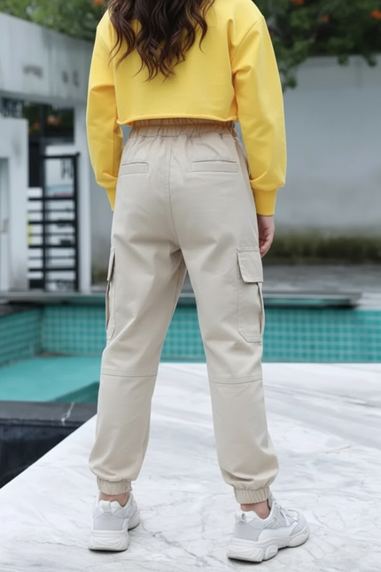 Pantalon Randonnée Beige Cargo Ample Cordon Enfant - Toile
