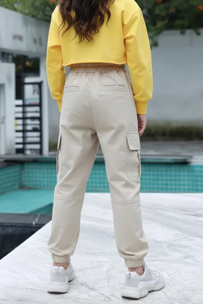 Pantalon Randonnée Beige Cargo Ample Cordon Enfant - Toile
