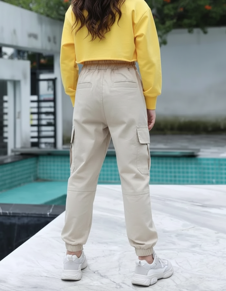 Pantalon Randonnée Beige Cargo Ample Cordon Enfant - Toile