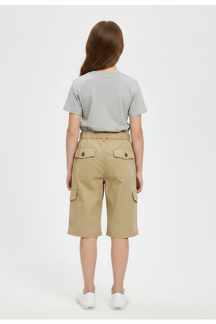 Pantalon Randonnée Kaki Cargo Ample Enfant Cordon - Toile - vue 2