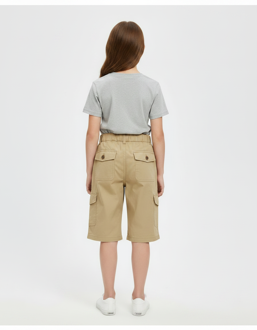 Pantalon Randonnée Kaki Cargo Ample Enfant Cordon - Toile - vue 2