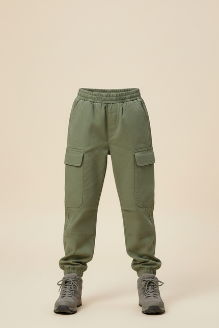 Pantalon Randonnée Vert Enfant Cargo Jogger Coton - Kaki - vue 3